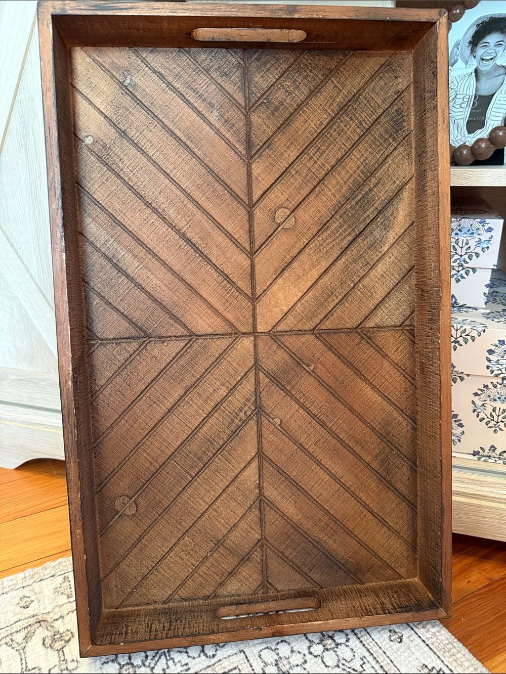 Never Used Rustic Faux Wood Herringbone Decorative Serving Tray 21” x 13”
